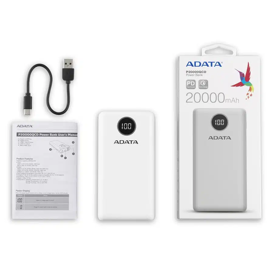 POWER BANK ADATA P20000QCD - CARGA RAPIDA - 20000MAH - 2 PUERTOS USB - 1 TIPO C - PANTALLA INDICADORA DE CARGA